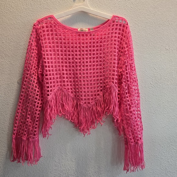 Pink Crochet Fringe Sweater Womens M Boho Festival Coachella Beach Cover Up Top - Picture 5 of 7